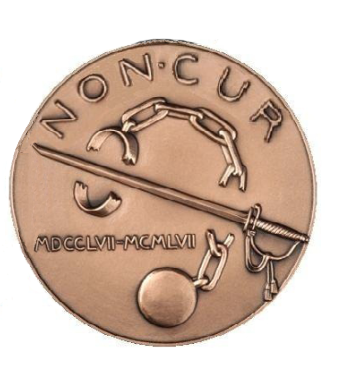 Obverse of Marquis de Lafayette commemorative medallion, with broken shackles, sword, and the phrase NON CUR embossed in copper. 